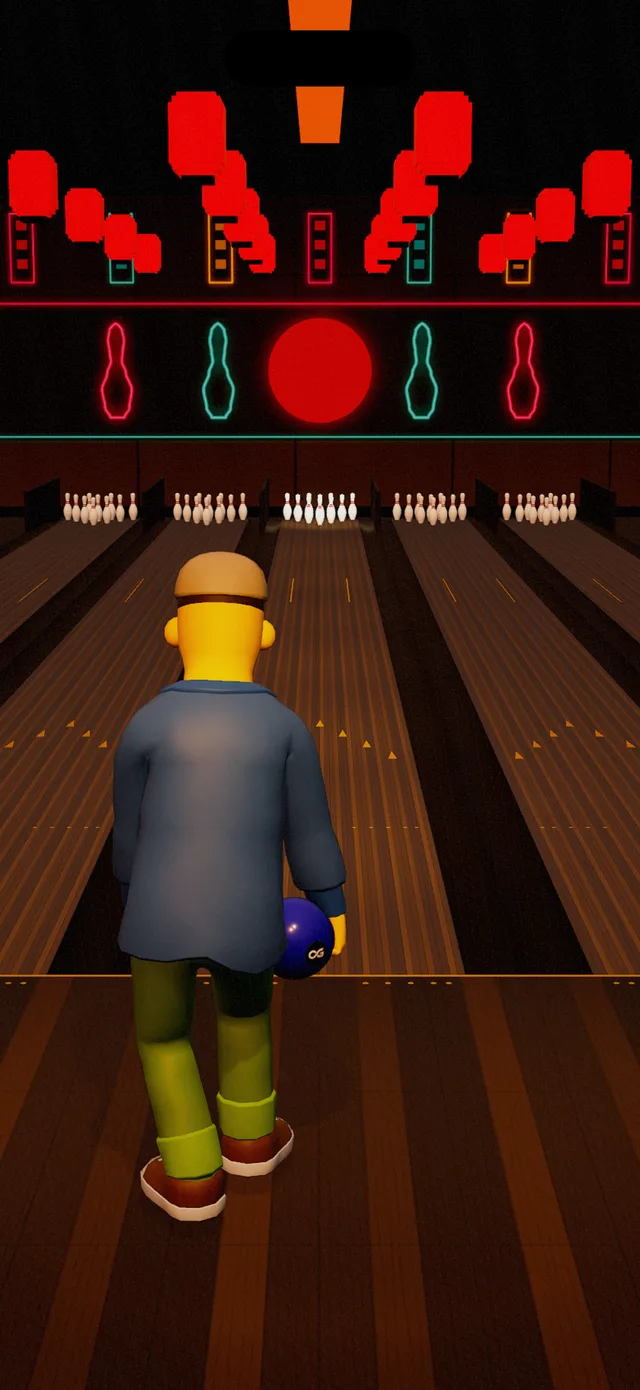 Tokyo bowling hall with red lanterns and neon pin signs